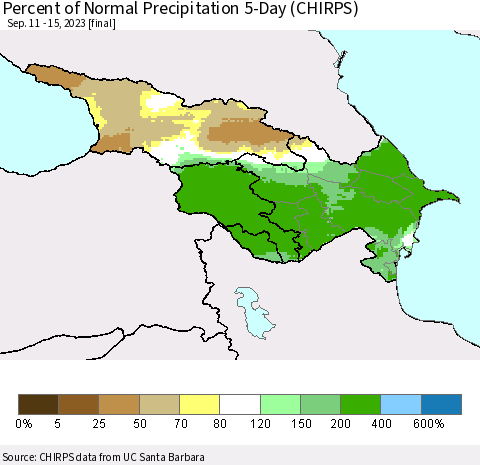 Azerbaijan, Armenia and Georgia Percent of Normal Precipitation 5-Day (CHIRPS) Thematic Map For 9/11/2023 - 9/15/2023