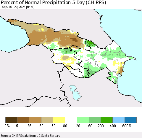 Azerbaijan, Armenia and Georgia Percent of Normal Precipitation 5-Day (CHIRPS) Thematic Map For 9/16/2023 - 9/20/2023