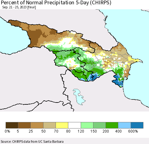 Azerbaijan, Armenia and Georgia Percent of Normal Precipitation 5-Day (CHIRPS) Thematic Map For 9/21/2023 - 9/25/2023
