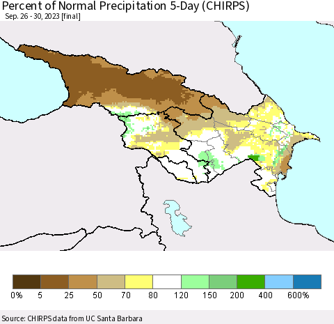 Azerbaijan, Armenia and Georgia Percent of Normal Precipitation 5-Day (CHIRPS) Thematic Map For 9/26/2023 - 9/30/2023