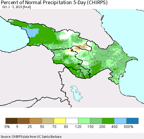 Azerbaijan, Armenia and Georgia Percent of Normal Precipitation 5-Day (CHIRPS) Thematic Map For 10/1/2023 - 10/5/2023