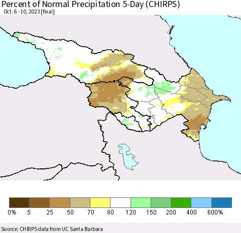 Azerbaijan, Armenia and Georgia Percent of Normal Precipitation 5-Day (CHIRPS) Thematic Map For 10/6/2023 - 10/10/2023