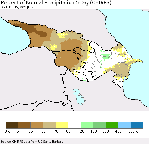 Azerbaijan, Armenia and Georgia Percent of Normal Precipitation 5-Day (CHIRPS) Thematic Map For 10/11/2023 - 10/15/2023