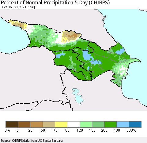 Azerbaijan, Armenia and Georgia Percent of Normal Precipitation 5-Day (CHIRPS) Thematic Map For 10/16/2023 - 10/20/2023
