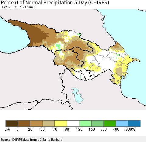 Azerbaijan, Armenia and Georgia Percent of Normal Precipitation 5-Day (CHIRPS) Thematic Map For 10/21/2023 - 10/25/2023