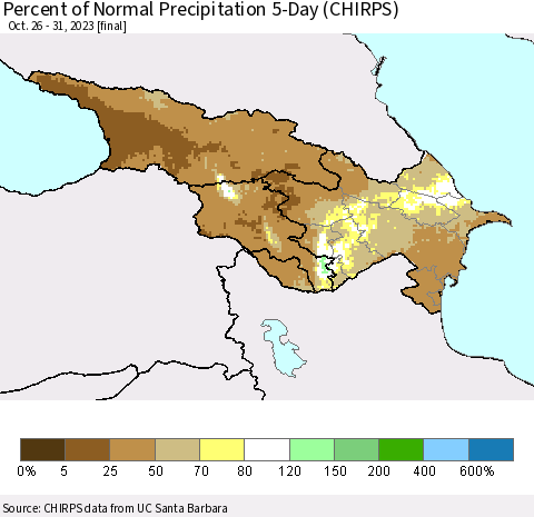 Azerbaijan, Armenia and Georgia Percent of Normal Precipitation 5-Day (CHIRPS) Thematic Map For 10/26/2023 - 10/31/2023