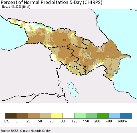 Azerbaijan, Armenia and Georgia Percent of Normal Precipitation 5-Day (CHIRPS) Thematic Map For 11/1/2023 - 11/5/2023