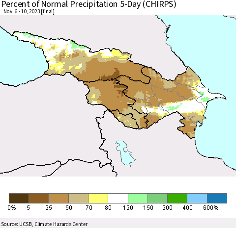 Azerbaijan, Armenia and Georgia Percent of Normal Precipitation 5-Day (CHIRPS) Thematic Map For 11/6/2023 - 11/10/2023