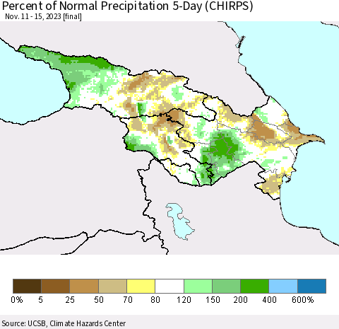 Azerbaijan, Armenia and Georgia Percent of Normal Precipitation 5-Day (CHIRPS) Thematic Map For 11/11/2023 - 11/15/2023