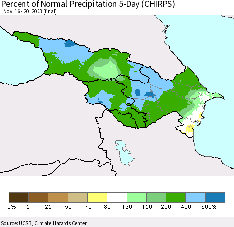 Azerbaijan, Armenia and Georgia Percent of Normal Precipitation 5-Day (CHIRPS) Thematic Map For 11/16/2023 - 11/20/2023