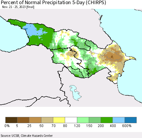 Azerbaijan, Armenia and Georgia Percent of Normal Precipitation 5-Day (CHIRPS) Thematic Map For 11/21/2023 - 11/25/2023