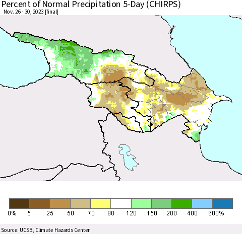 Azerbaijan, Armenia and Georgia Percent of Normal Precipitation 5-Day (CHIRPS) Thematic Map For 11/26/2023 - 11/30/2023
