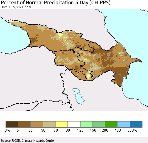 Azerbaijan, Armenia and Georgia Percent of Normal Precipitation 5-Day (CHIRPS) Thematic Map For 12/1/2023 - 12/5/2023