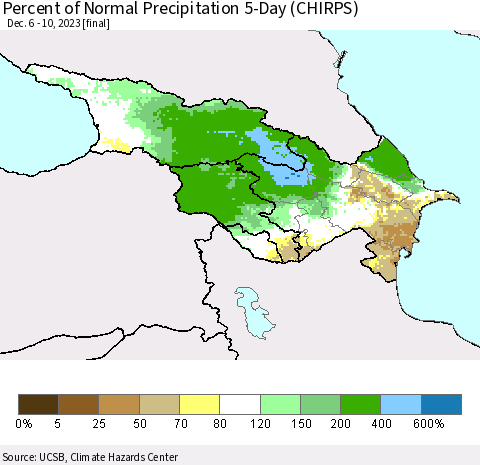 Azerbaijan, Armenia and Georgia Percent of Normal Precipitation 5-Day (CHIRPS) Thematic Map For 12/6/2023 - 12/10/2023