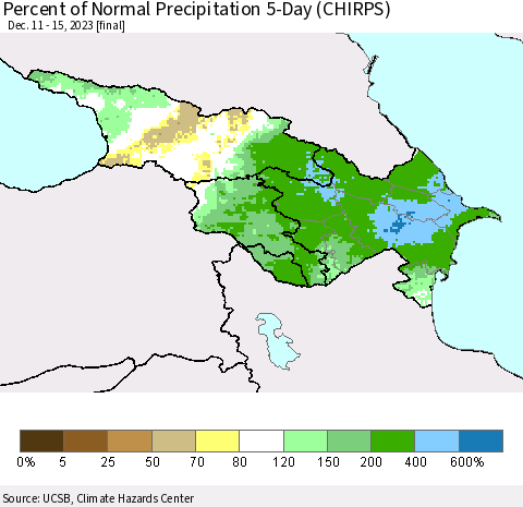 Azerbaijan, Armenia and Georgia Percent of Normal Precipitation 5-Day (CHIRPS) Thematic Map For 12/11/2023 - 12/15/2023