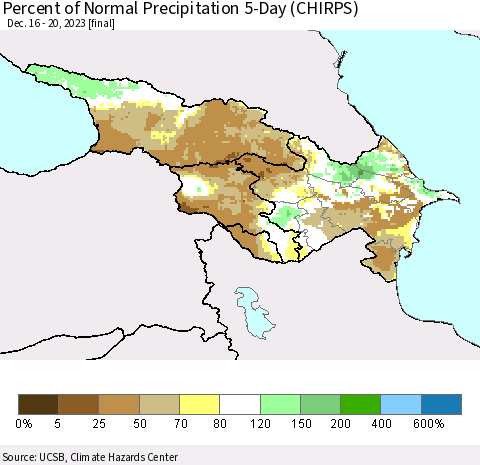 Azerbaijan, Armenia and Georgia Percent of Normal Precipitation 5-Day (CHIRPS) Thematic Map For 12/16/2023 - 12/20/2023