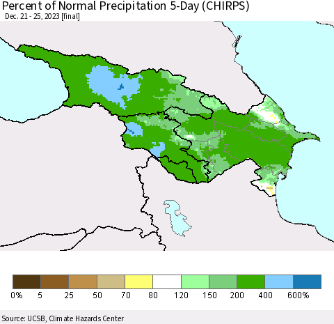 Azerbaijan, Armenia and Georgia Percent of Normal Precipitation 5-Day (CHIRPS) Thematic Map For 12/21/2023 - 12/25/2023