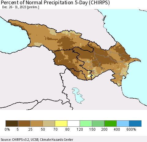 Azerbaijan, Armenia and Georgia Percent of Normal Precipitation 5-Day (CHIRPS) Thematic Map For 12/26/2023 - 12/31/2023
