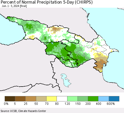 Azerbaijan, Armenia and Georgia Percent of Normal Precipitation 5-Day (CHIRPS) Thematic Map For 1/1/2024 - 1/5/2024