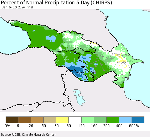 Azerbaijan, Armenia and Georgia Percent of Normal Precipitation 5-Day (CHIRPS) Thematic Map For 1/6/2024 - 1/10/2024