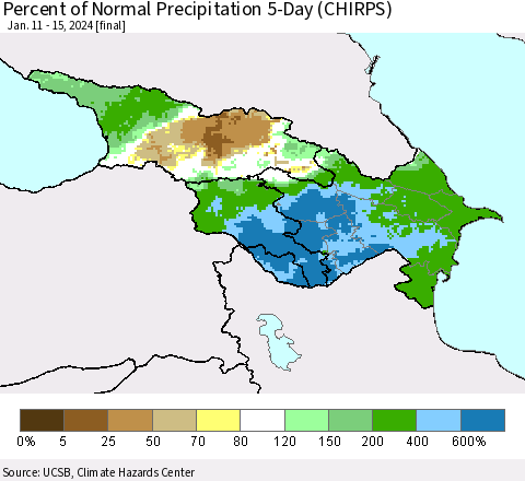Azerbaijan, Armenia and Georgia Percent of Normal Precipitation 5-Day (CHIRPS) Thematic Map For 1/11/2024 - 1/15/2024