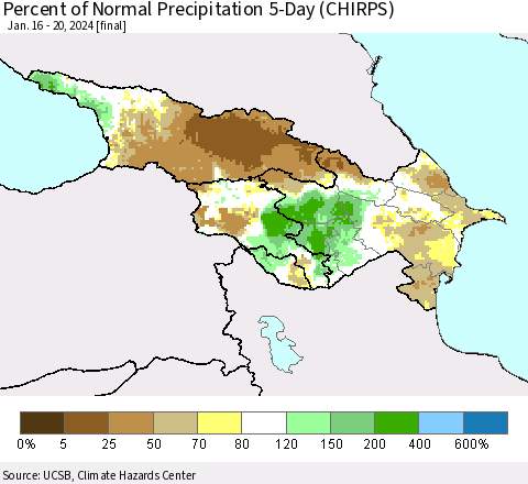 Azerbaijan, Armenia and Georgia Percent of Normal Precipitation 5-Day (CHIRPS) Thematic Map For 1/16/2024 - 1/20/2024