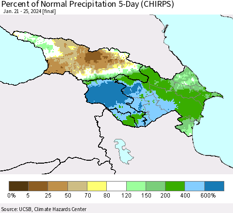 Azerbaijan, Armenia and Georgia Percent of Normal Precipitation 5-Day (CHIRPS) Thematic Map For 1/21/2024 - 1/25/2024