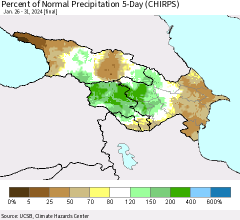 Azerbaijan, Armenia and Georgia Percent of Normal Precipitation 5-Day (CHIRPS) Thematic Map For 1/26/2024 - 1/31/2024