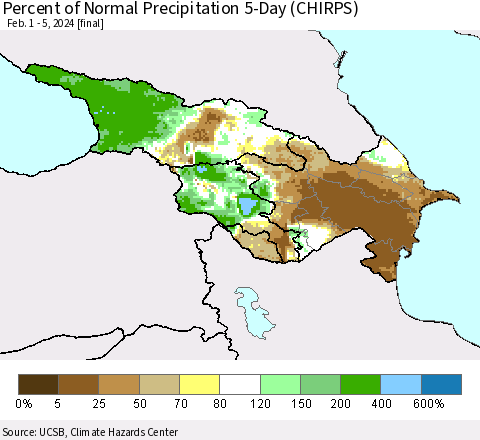 Azerbaijan, Armenia and Georgia Percent of Normal Precipitation 5-Day (CHIRPS) Thematic Map For 2/1/2024 - 2/5/2024
