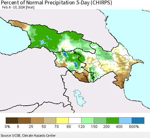 Azerbaijan, Armenia and Georgia Percent of Normal Precipitation 5-Day (CHIRPS) Thematic Map For 2/6/2024 - 2/10/2024