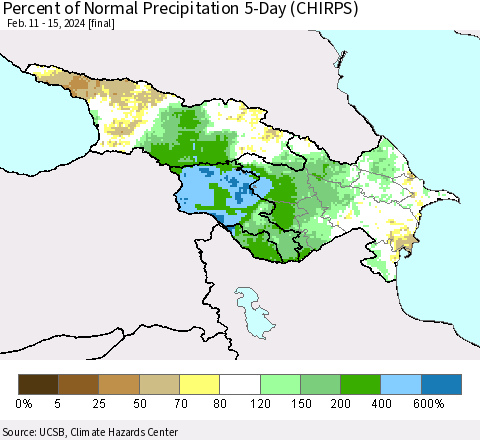 Azerbaijan, Armenia and Georgia Percent of Normal Precipitation 5-Day (CHIRPS) Thematic Map For 2/11/2024 - 2/15/2024