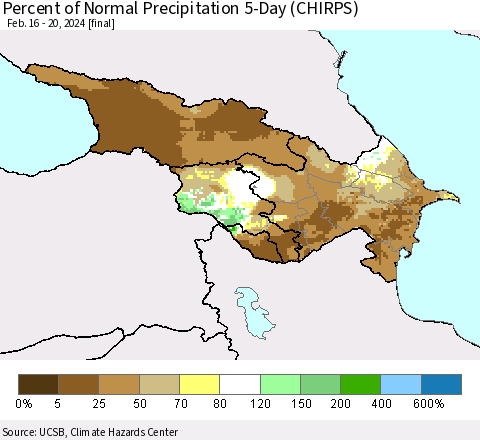 Azerbaijan, Armenia and Georgia Percent of Normal Precipitation 5-Day (CHIRPS) Thematic Map For 2/16/2024 - 2/20/2024