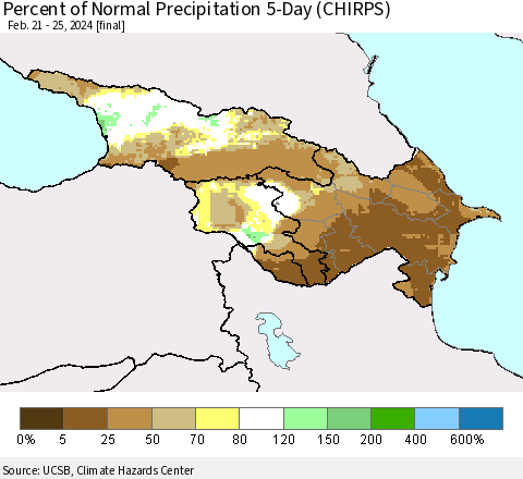 Azerbaijan, Armenia and Georgia Percent of Normal Precipitation 5-Day (CHIRPS) Thematic Map For 2/21/2024 - 2/25/2024