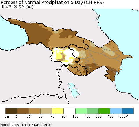 Azerbaijan, Armenia and Georgia Percent of Normal Precipitation 5-Day (CHIRPS) Thematic Map For 2/26/2024 - 2/29/2024