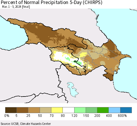 Azerbaijan, Armenia and Georgia Percent of Normal Precipitation 5-Day (CHIRPS) Thematic Map For 3/1/2024 - 3/5/2024