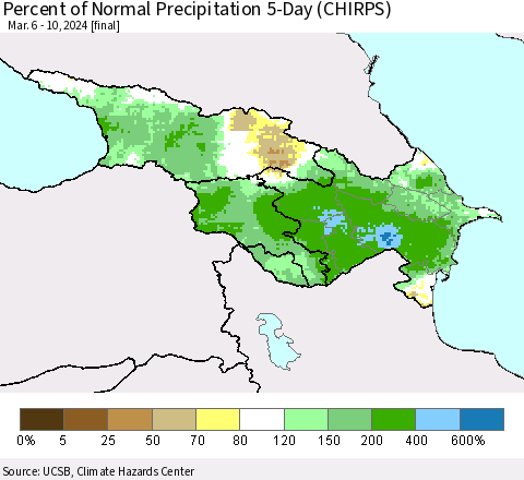 Azerbaijan, Armenia and Georgia Percent of Normal Precipitation 5-Day (CHIRPS) Thematic Map For 3/6/2024 - 3/10/2024