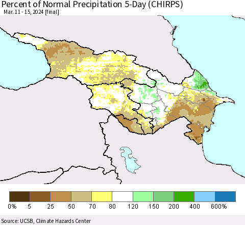 Azerbaijan, Armenia and Georgia Percent of Normal Precipitation 5-Day (CHIRPS) Thematic Map For 3/11/2024 - 3/15/2024