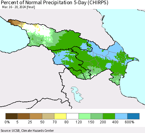 Azerbaijan, Armenia and Georgia Percent of Normal Precipitation 5-Day (CHIRPS) Thematic Map For 3/16/2024 - 3/20/2024