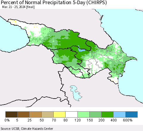Azerbaijan, Armenia and Georgia Percent of Normal Precipitation 5-Day (CHIRPS) Thematic Map For 3/21/2024 - 3/25/2024