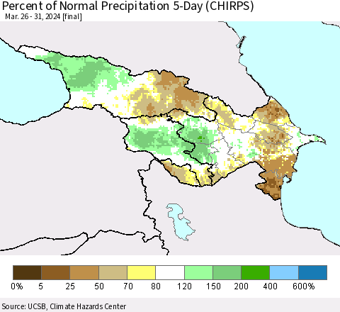 Azerbaijan, Armenia and Georgia Percent of Normal Precipitation 5-Day (CHIRPS) Thematic Map For 3/26/2024 - 3/31/2024