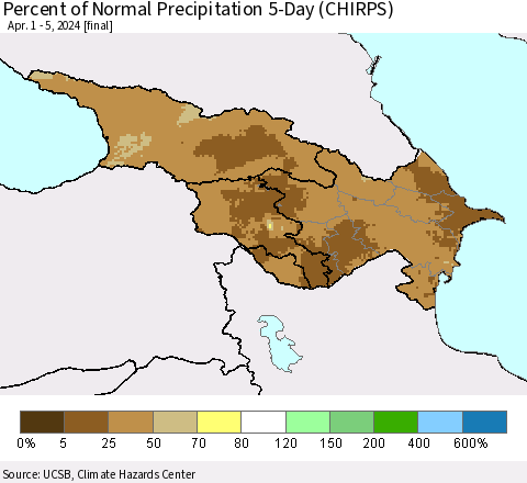 Azerbaijan, Armenia and Georgia Percent of Normal Precipitation 5-Day (CHIRPS) Thematic Map For 4/1/2024 - 4/5/2024