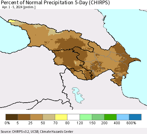 Azerbaijan, Armenia and Georgia Percent of Normal Precipitation 5-Day (CHIRPS) Thematic Map For 4/1/2024 - 4/5/2024