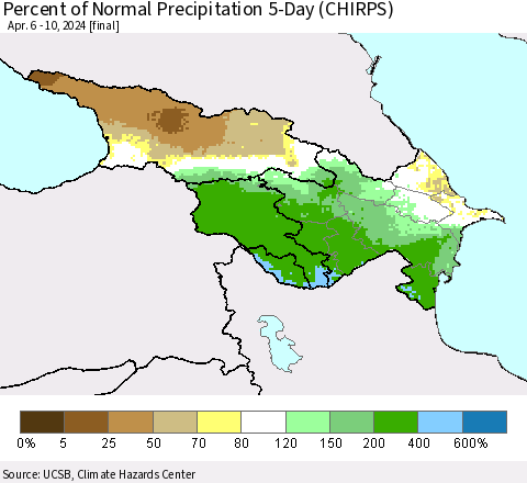 Azerbaijan, Armenia and Georgia Percent of Normal Precipitation 5-Day (CHIRPS) Thematic Map For 4/6/2024 - 4/10/2024