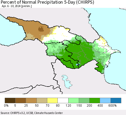 Azerbaijan, Armenia and Georgia Percent of Normal Precipitation 5-Day (CHIRPS) Thematic Map For 4/6/2024 - 4/10/2024