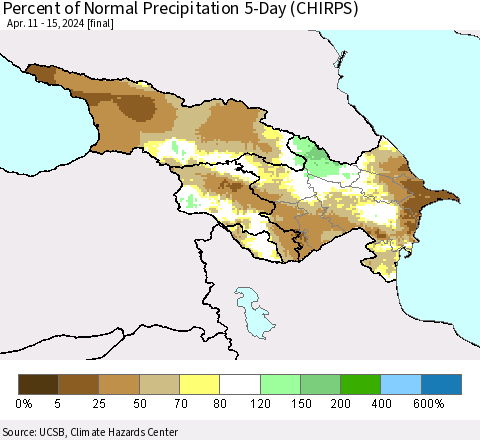 Azerbaijan, Armenia and Georgia Percent of Normal Precipitation 5-Day (CHIRPS) Thematic Map For 4/11/2024 - 4/15/2024