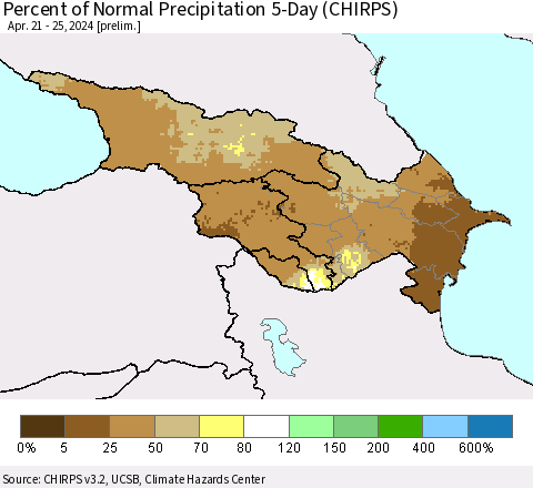 Azerbaijan, Armenia and Georgia Percent of Normal Precipitation 5-Day (CHIRPS) Thematic Map For 4/21/2024 - 4/25/2024