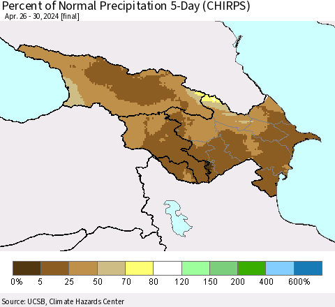 Azerbaijan, Armenia and Georgia Percent of Normal Precipitation 5-Day (CHIRPS) Thematic Map For 4/26/2024 - 4/30/2024