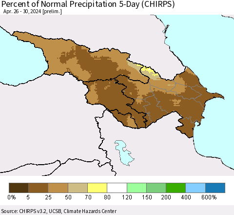 Azerbaijan, Armenia and Georgia Percent of Normal Precipitation 5-Day (CHIRPS) Thematic Map For 4/26/2024 - 4/30/2024