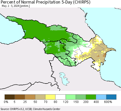 Azerbaijan, Armenia and Georgia Percent of Normal Precipitation 5-Day (CHIRPS) Thematic Map For 5/1/2024 - 5/5/2024