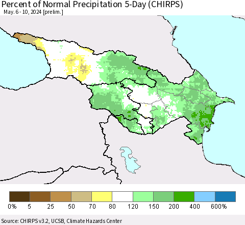 Azerbaijan, Armenia and Georgia Percent of Normal Precipitation 5-Day (CHIRPS) Thematic Map For 5/6/2024 - 5/10/2024